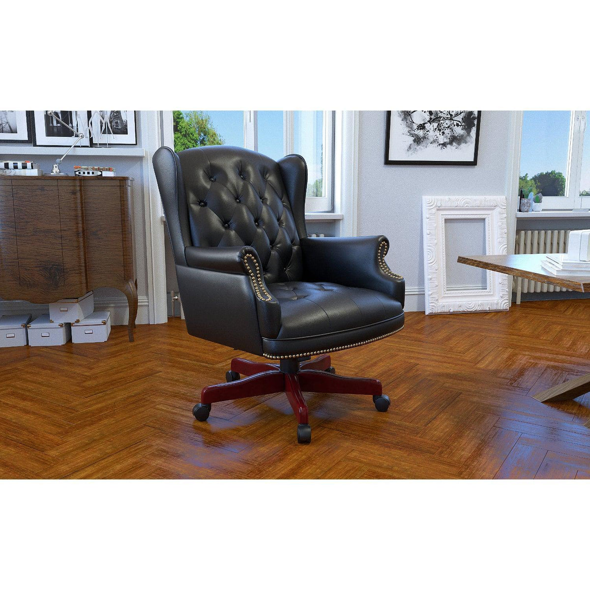 Traditional Wingback Executive Chair with Black Caressoft Vinyl Upholstery