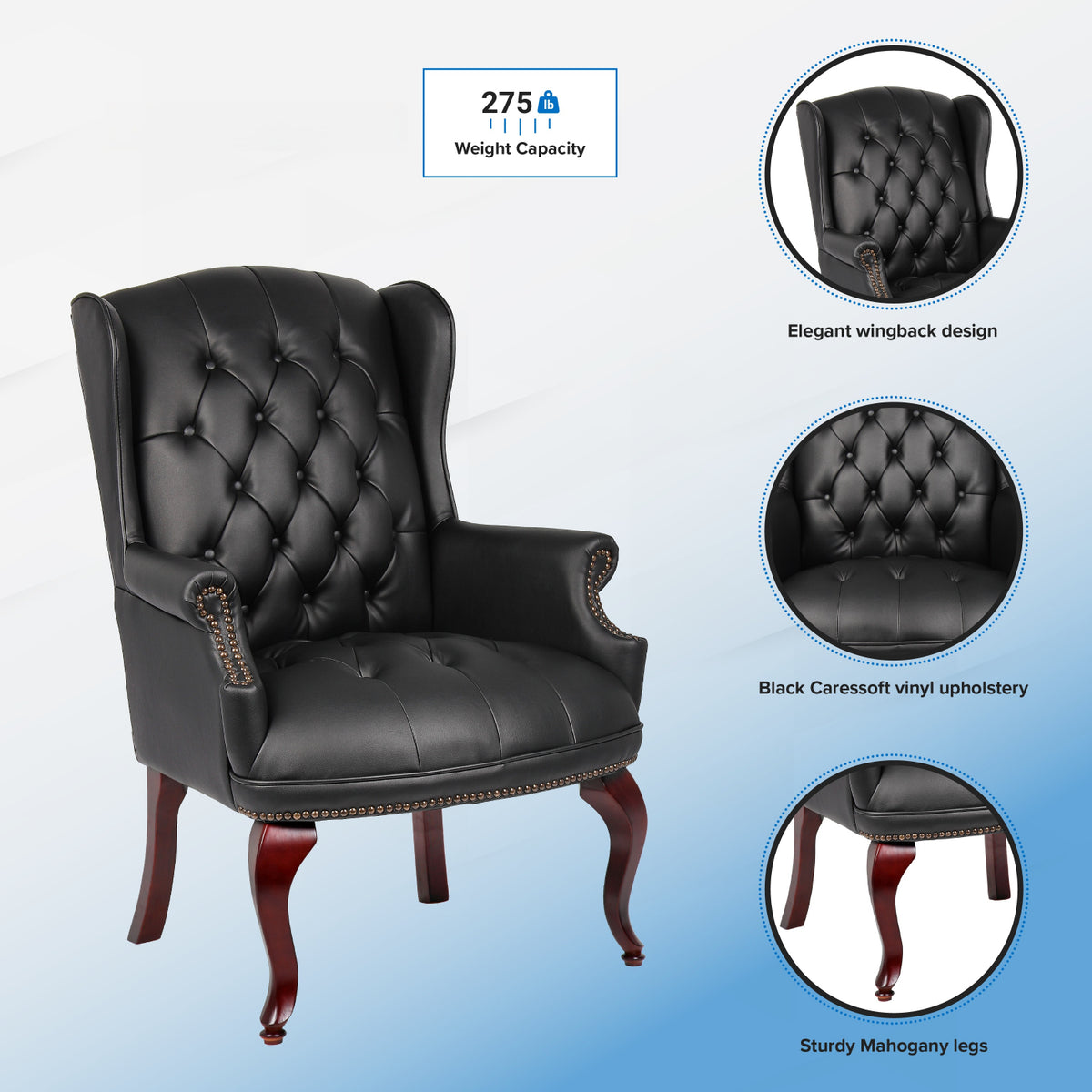 Traditional Wingback Guest Chair with Black Caressoft Vinyl Upholstery