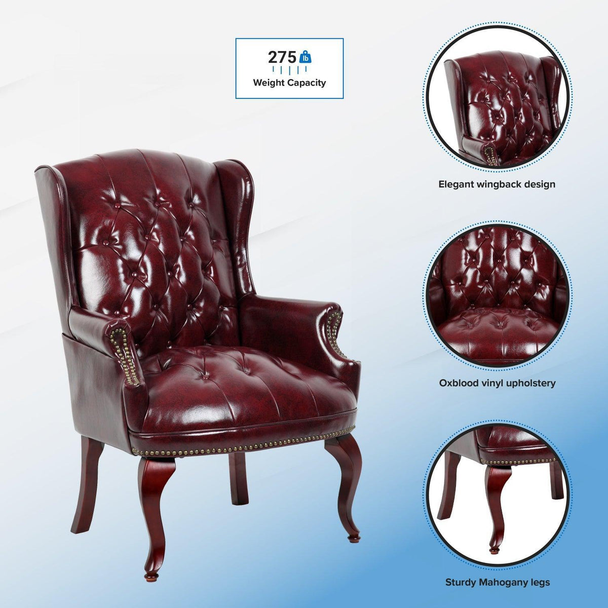 Traditional Wingback Guest Chair with Oxblood Caressoft Vinyl Upholstery