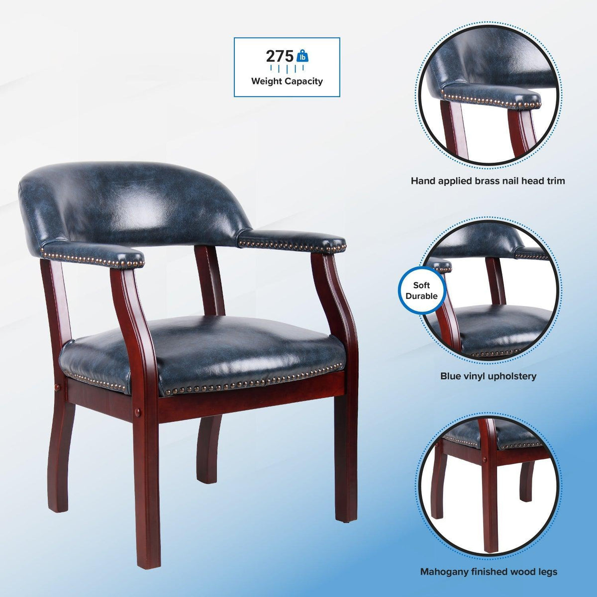 Traditional Captain's Guest Chair with Blue Vinyl Upholstery