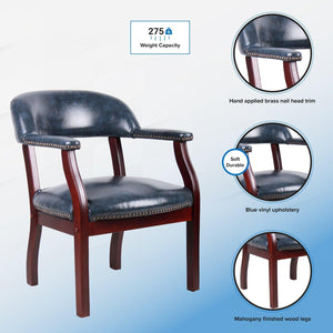 Traditional Captain's Guest Chair with Blue Vinyl Upholstery