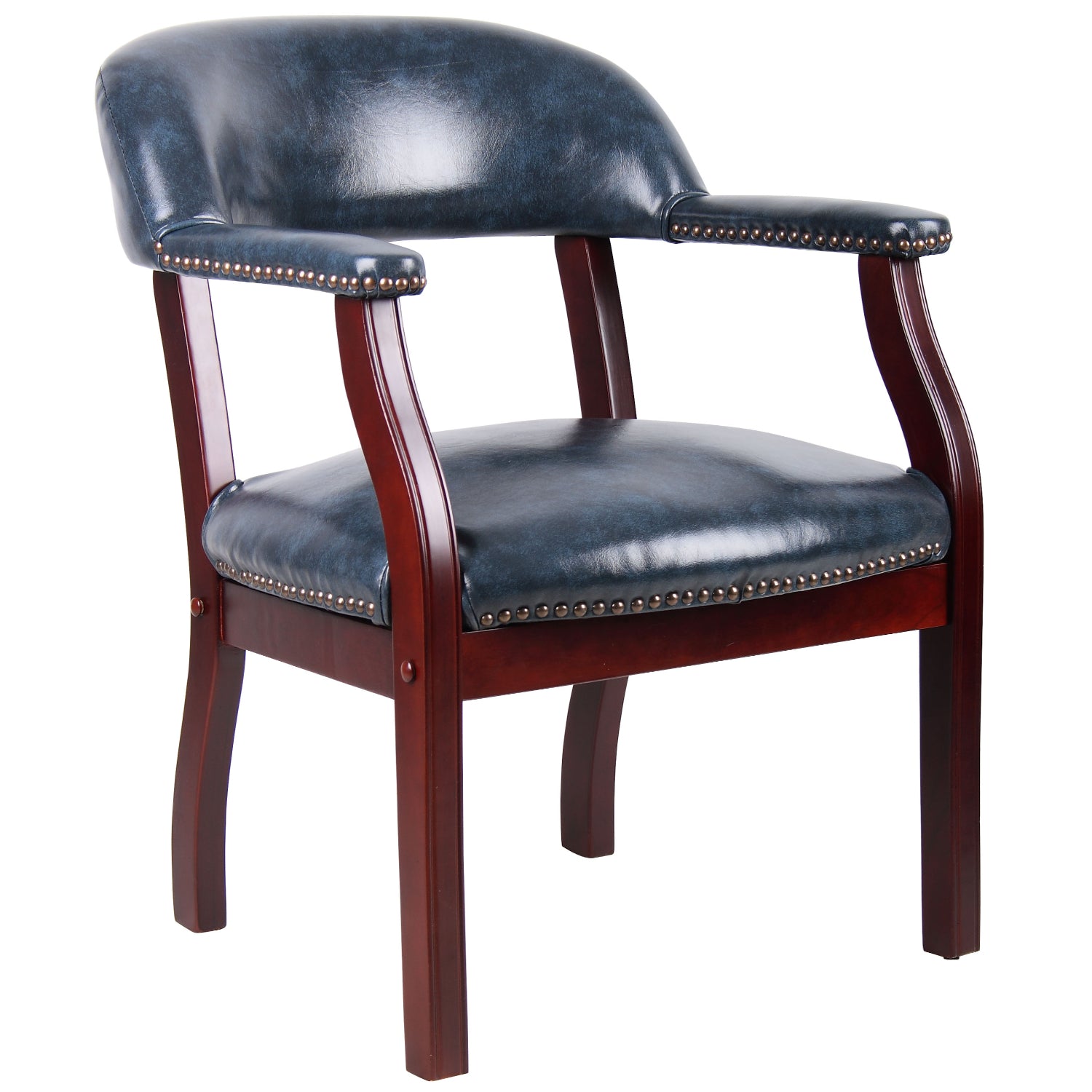 Traditional Captain's Guest Chair with Blue Vinyl Upholstery