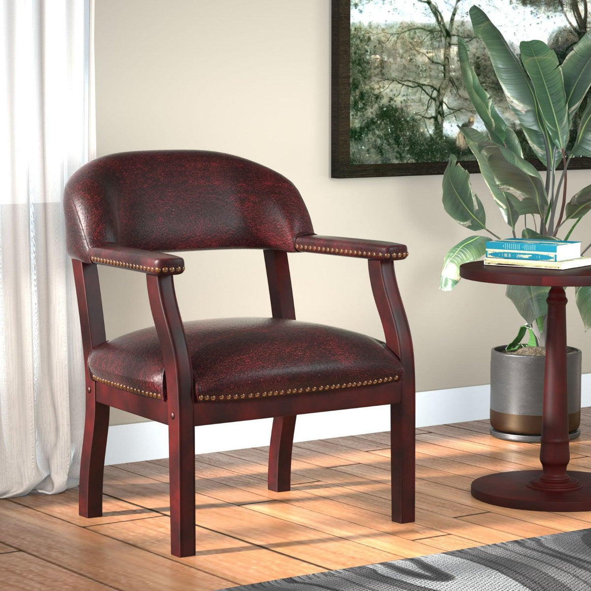 Traditional Captain's Guest Chair with Oxblood Vinyl Upholstery