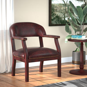 Traditional Captain's Guest Chair with Oxblood Vinyl Upholstery