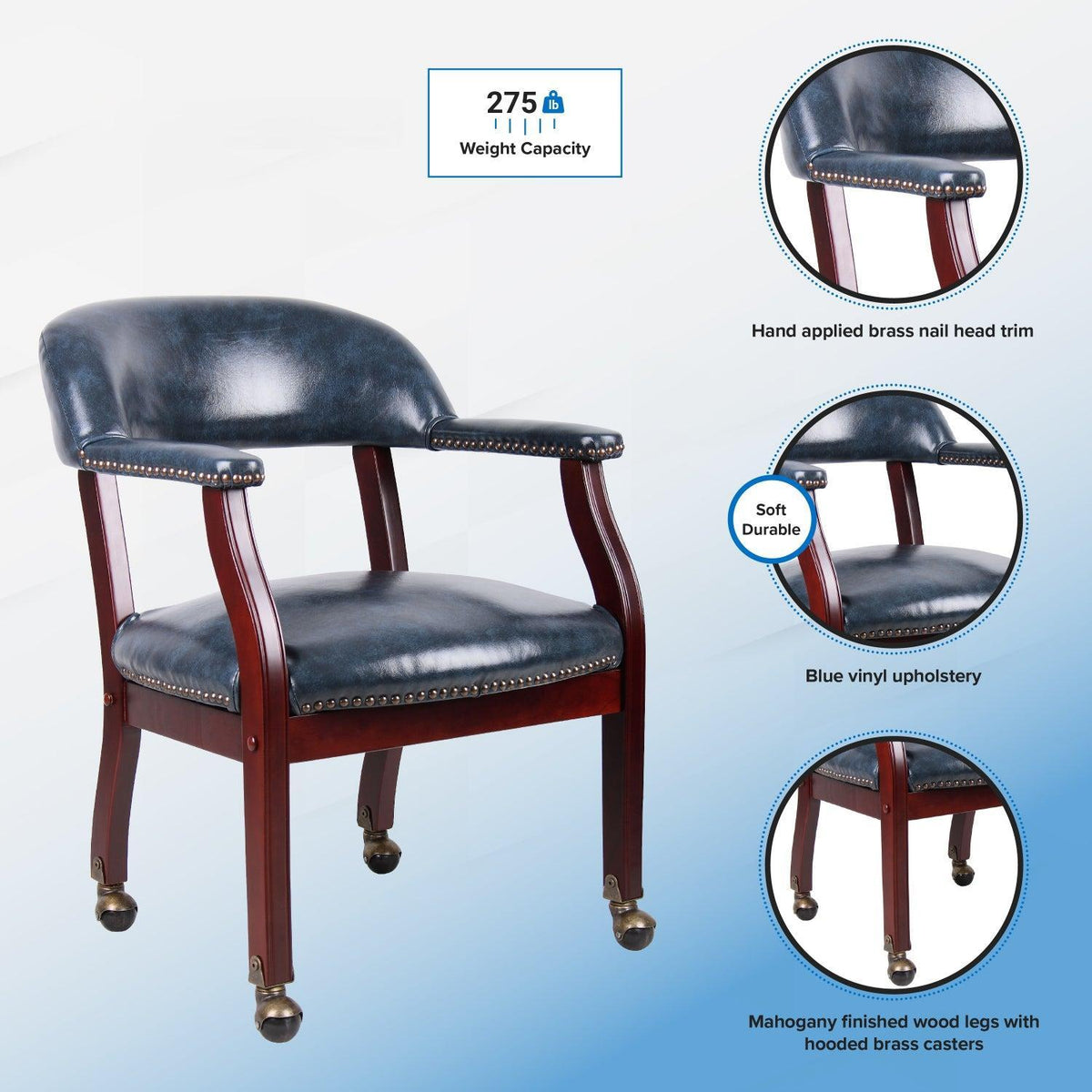 Traditional Captain's Guest Chair with Casters, Blue Vinyl Upholstery