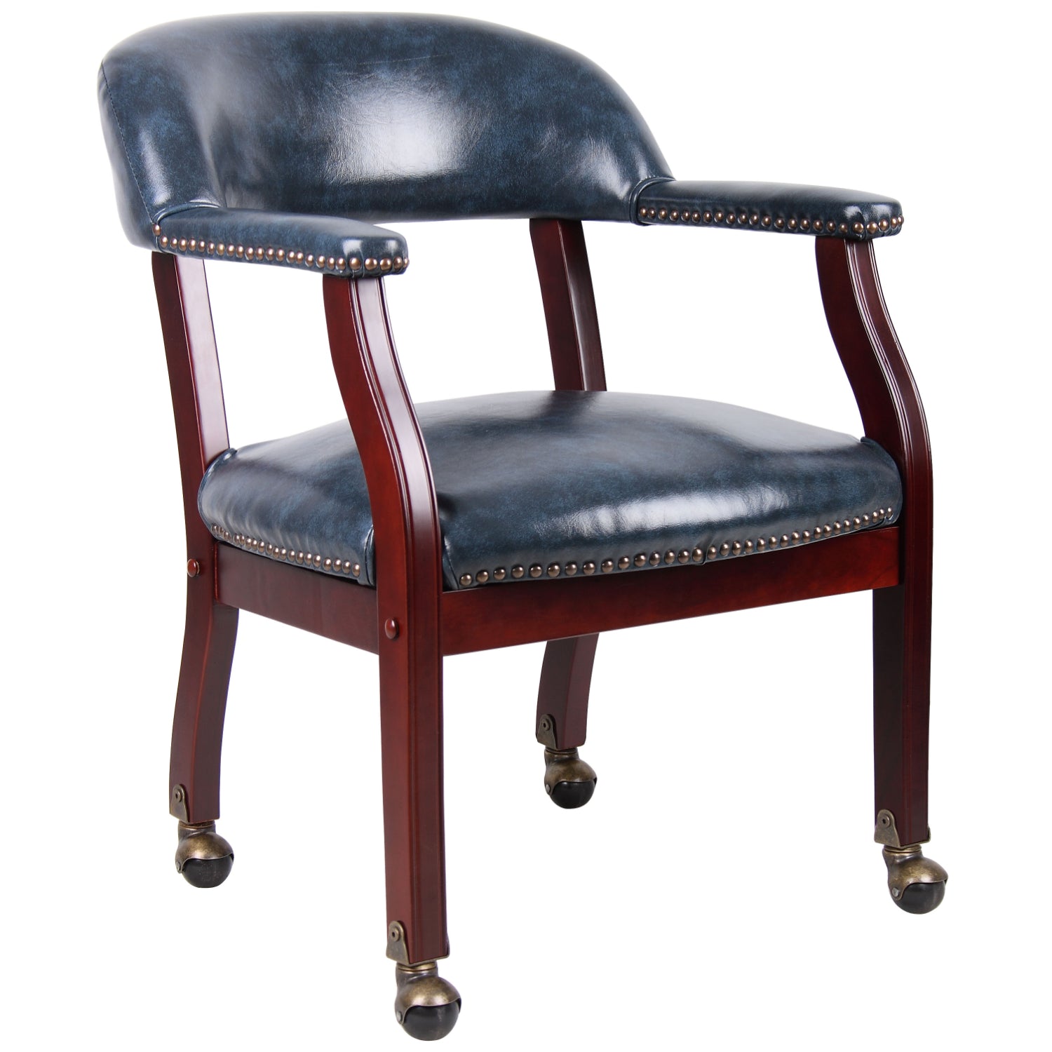 Traditional Captain's Guest Chair with Casters, Blue Vinyl Upholstery