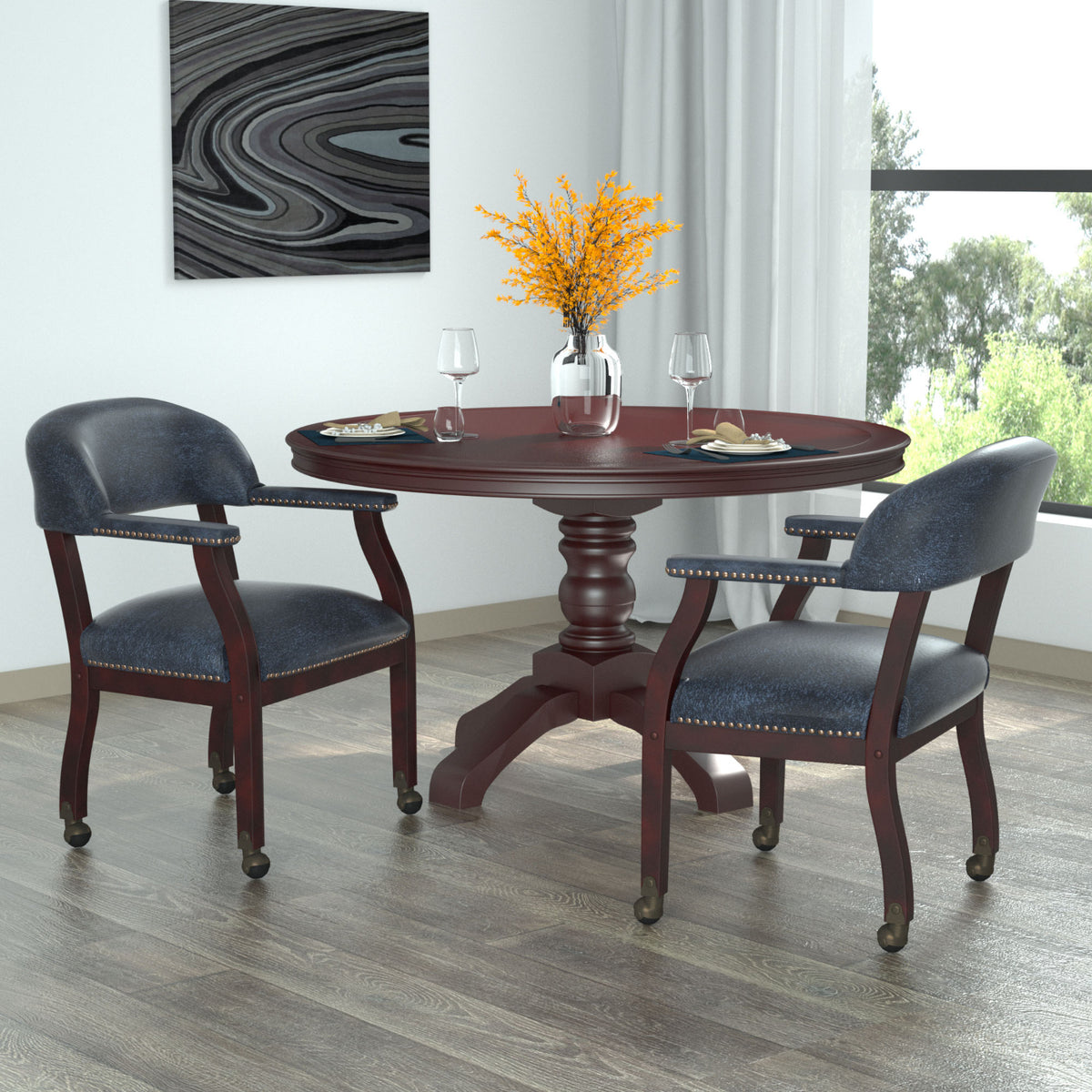 Traditional Captain's Guest Chair with Casters, Blue Vinyl Upholstery