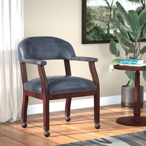 Traditional Captain's Guest Chair with Casters, Blue Vinyl Upholstery