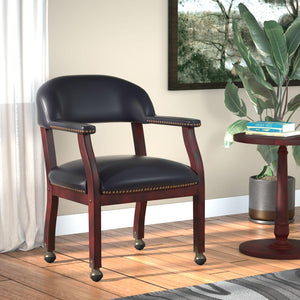 Traditional Captain's Guest Chair with Casters, Black Caressoft Vinyl Upholstery