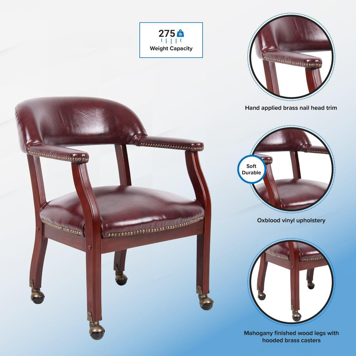 Traditional Captain's Guest Chair with Casters, Oxblood Vinyl Upholstery