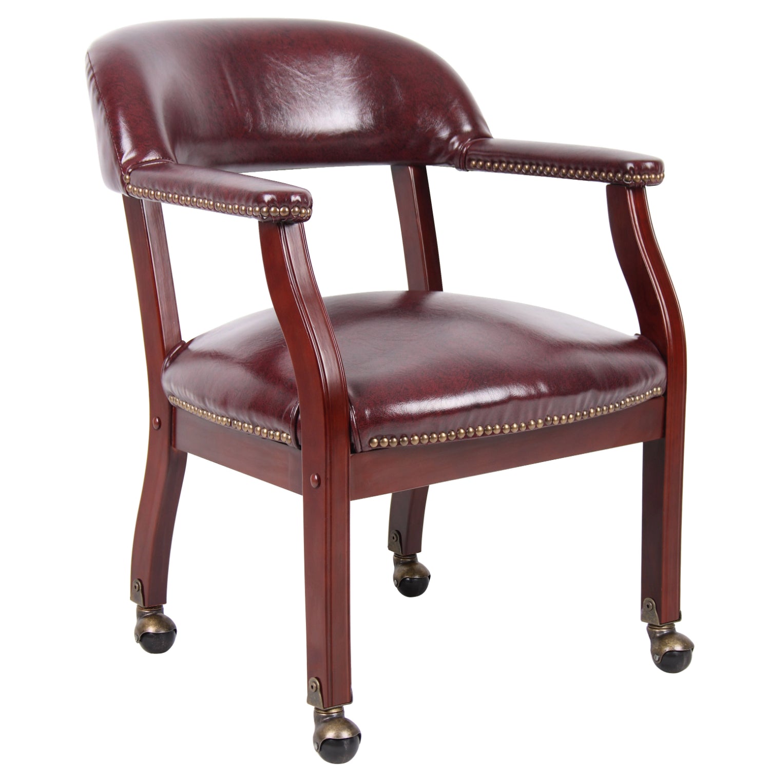 Traditional Captain's Guest Chair with Casters, Oxblood Vinyl Upholstery