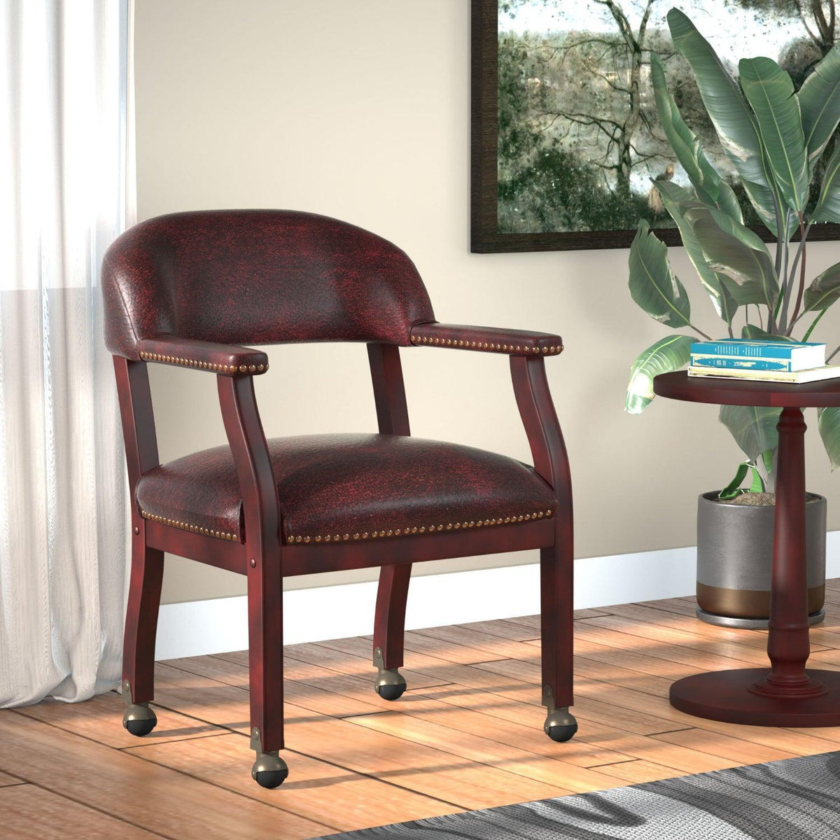 Traditional Captain's Guest Chair with Casters, Oxblood Vinyl Upholstery