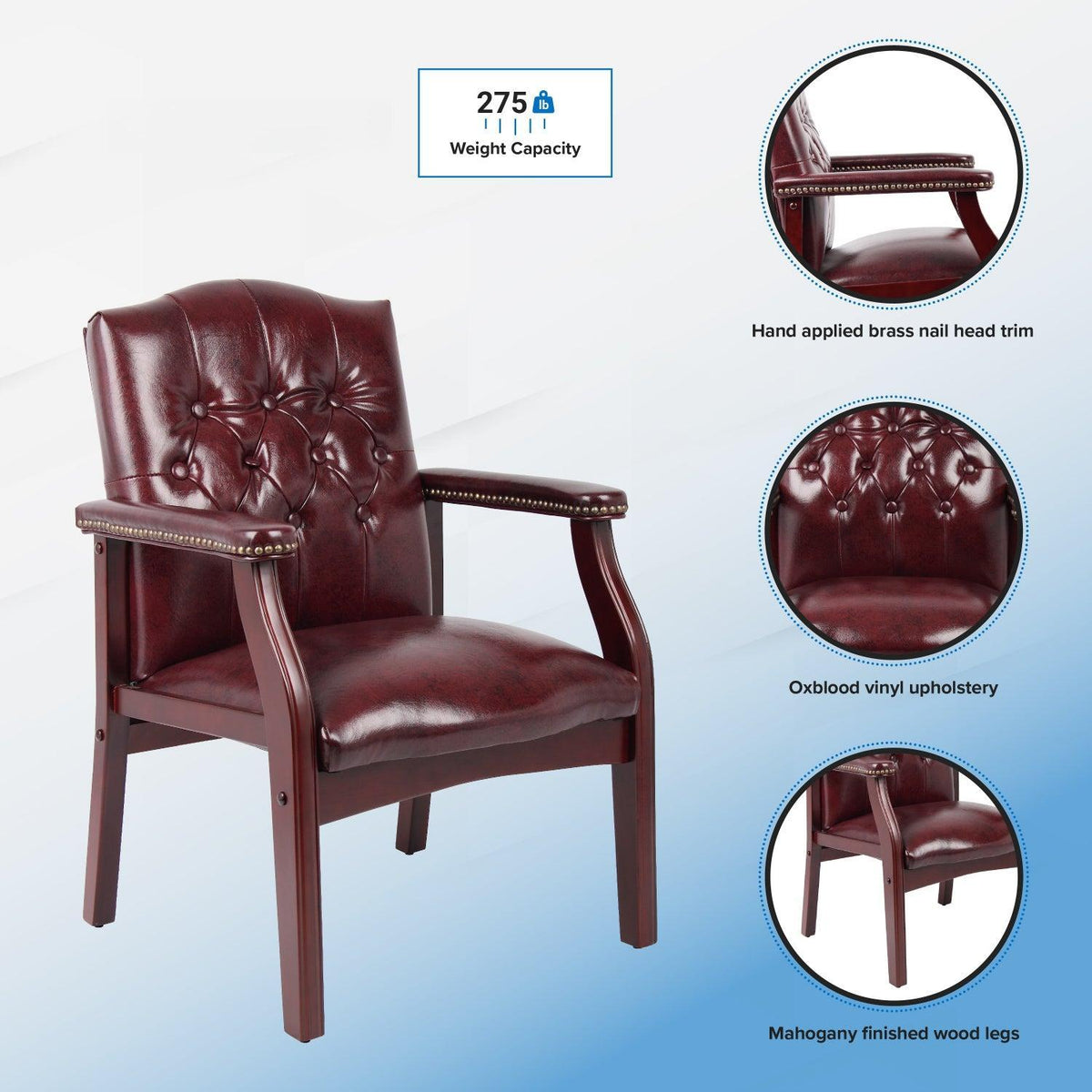 Traditional Guest Arm Chair with Oxblood Vinyl Upholstery