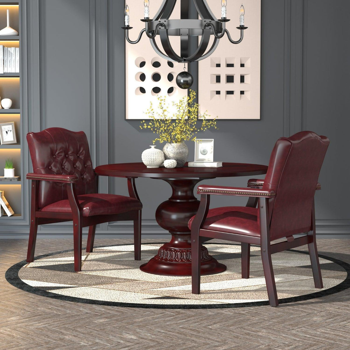 Traditional Guest Arm Chair with Oxblood Vinyl Upholstery
