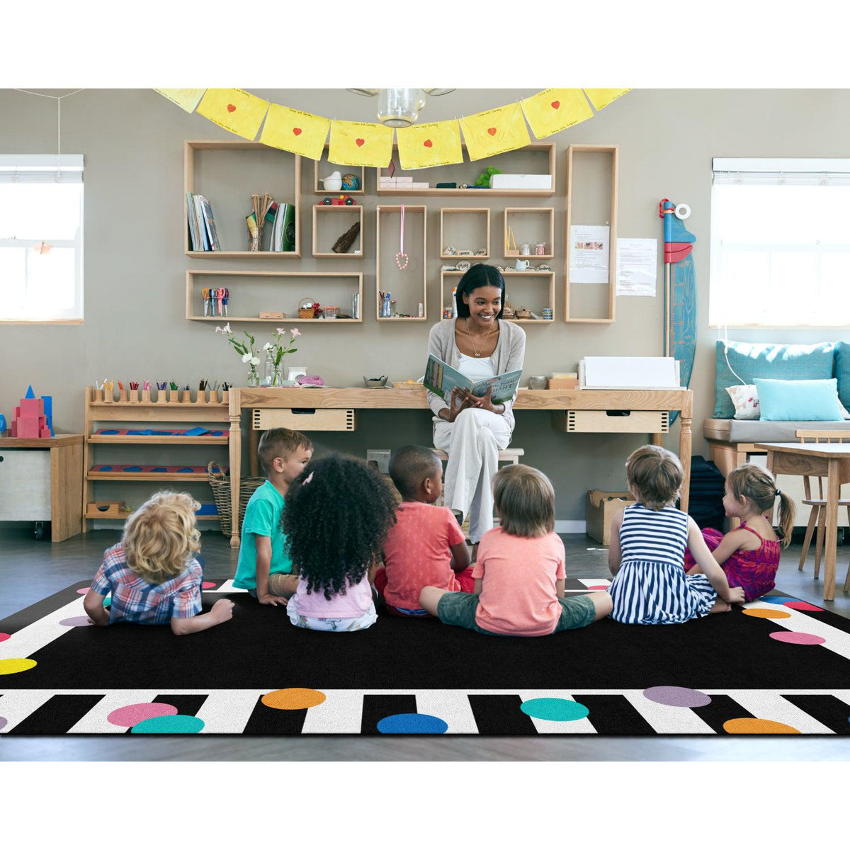 Schoolgirl Style Just Teach Black, White & Bright Polka Dot Border Rugs