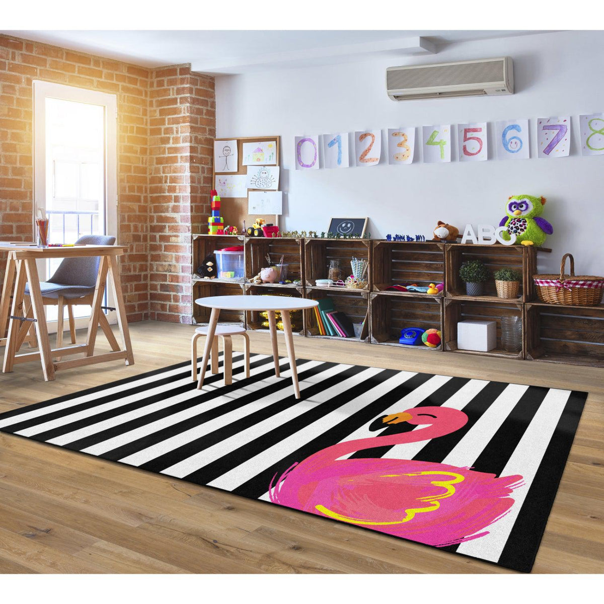Schoolgirl Style Simply Stylish Tropical Black & White Stripes Flamingo Rugs