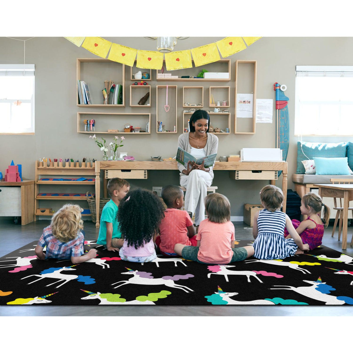 Schoolgirl Style Hello Sunshine Unicorns All Over Black Rugs