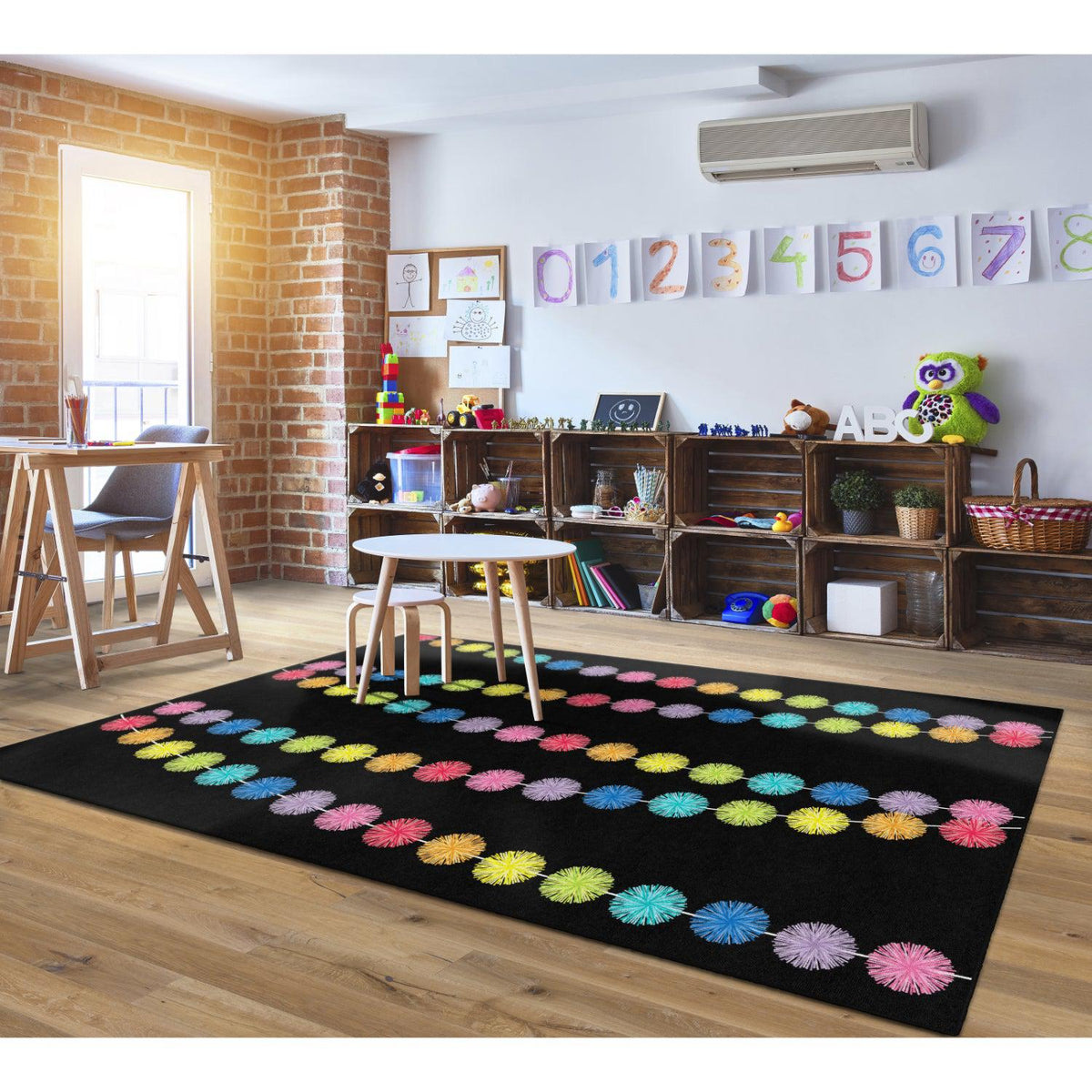Schoolgirl Style Rainbow Poms On Black Rugs