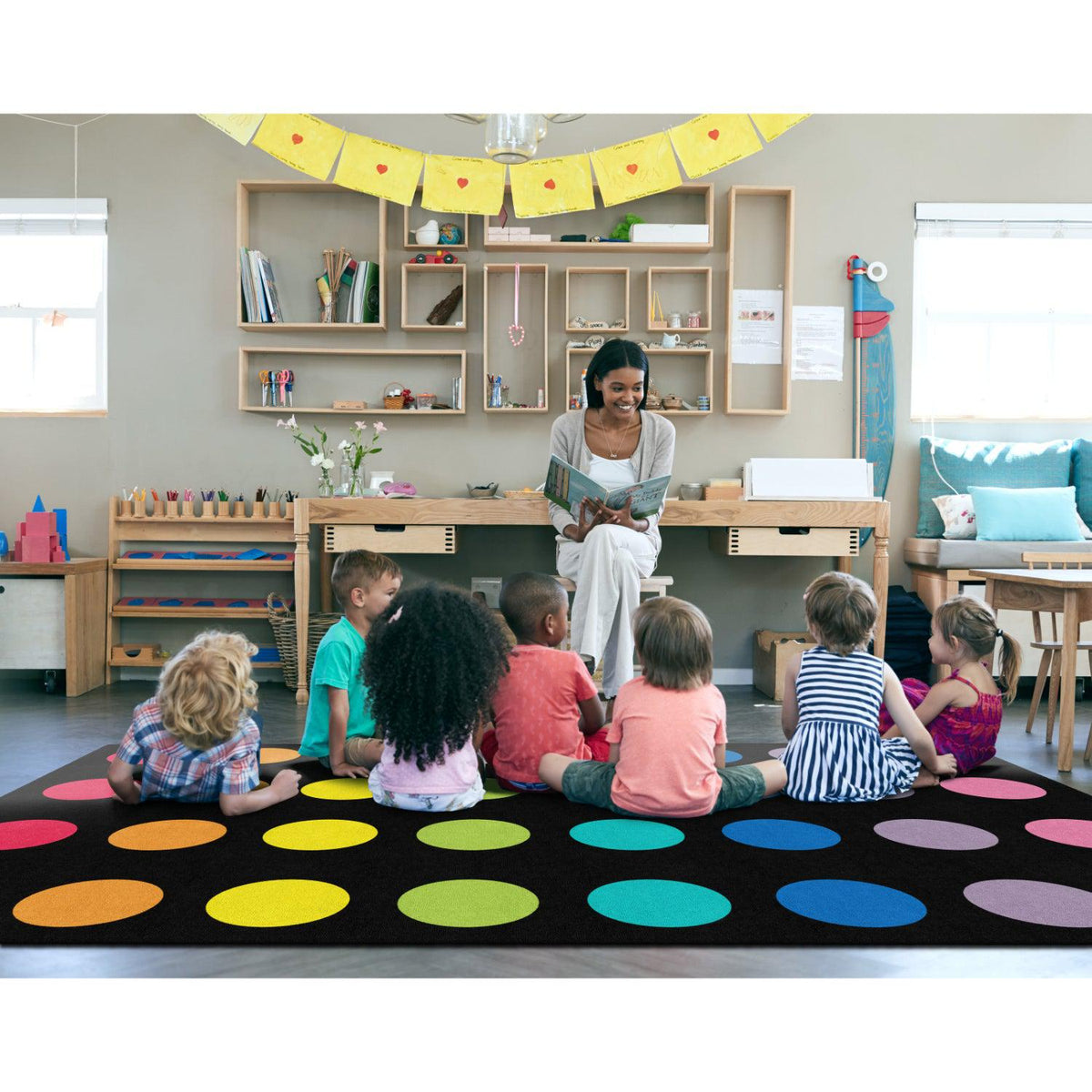 Schoolgirl Style Rainbow Dots On Black Criss Cross Rug, 7'6" x 12' Rectangle