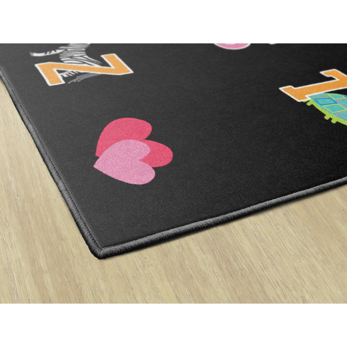 Schoolgirl Style Alphabet Pictures On Black Criss Cross Applesauce Rug, 7'6" x 12' Rectangle