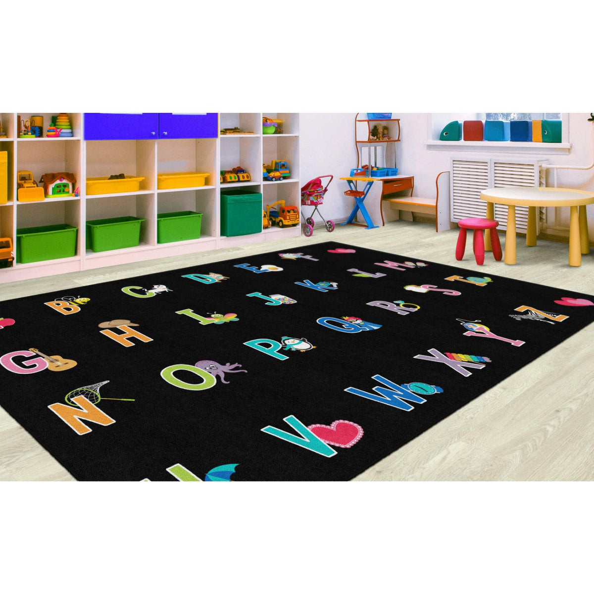 Schoolgirl Style Alphabet Pictures On Black Criss Cross Applesauce Rug, 7'6" x 12' Rectangle
