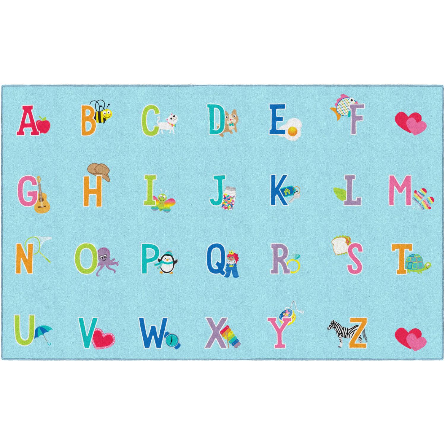 Schoolgirl Style Alphabet Picture On Blue Criss Cross Applesauce Rug, 7'6" x 12' Rectangle