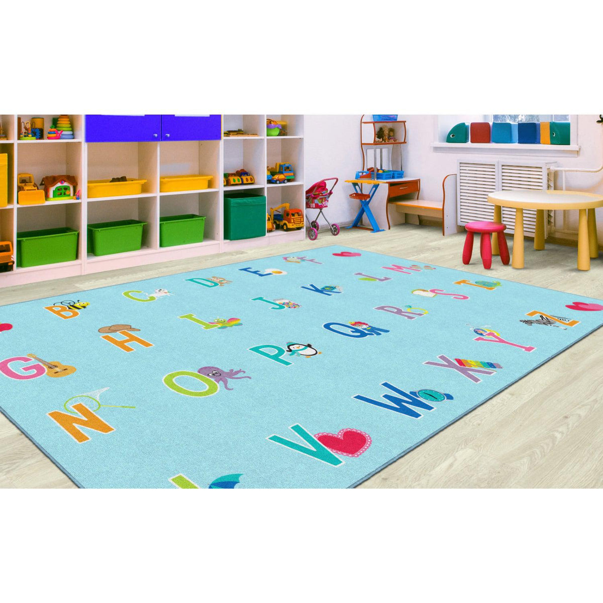 Schoolgirl Style Alphabet Picture On Blue Criss Cross Applesauce Rug, 7'6" x 12' Rectangle