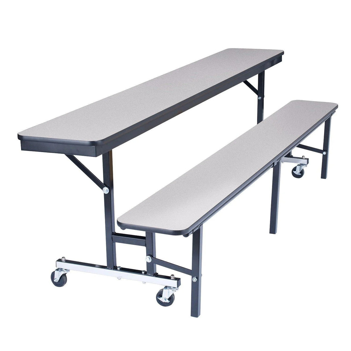 National Public Seating Mobile Convertible Bench Cafeteria Table, 8'L, MDF Core, ProtectEdge, Black Frame, Grey Nebula Laminate