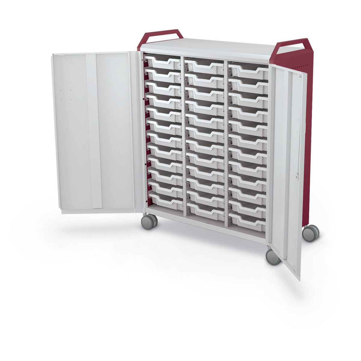 Compass Maxi H3 Mobile Makerspace Tray Cabinet with Doors and Handles, (36) 3" Trays