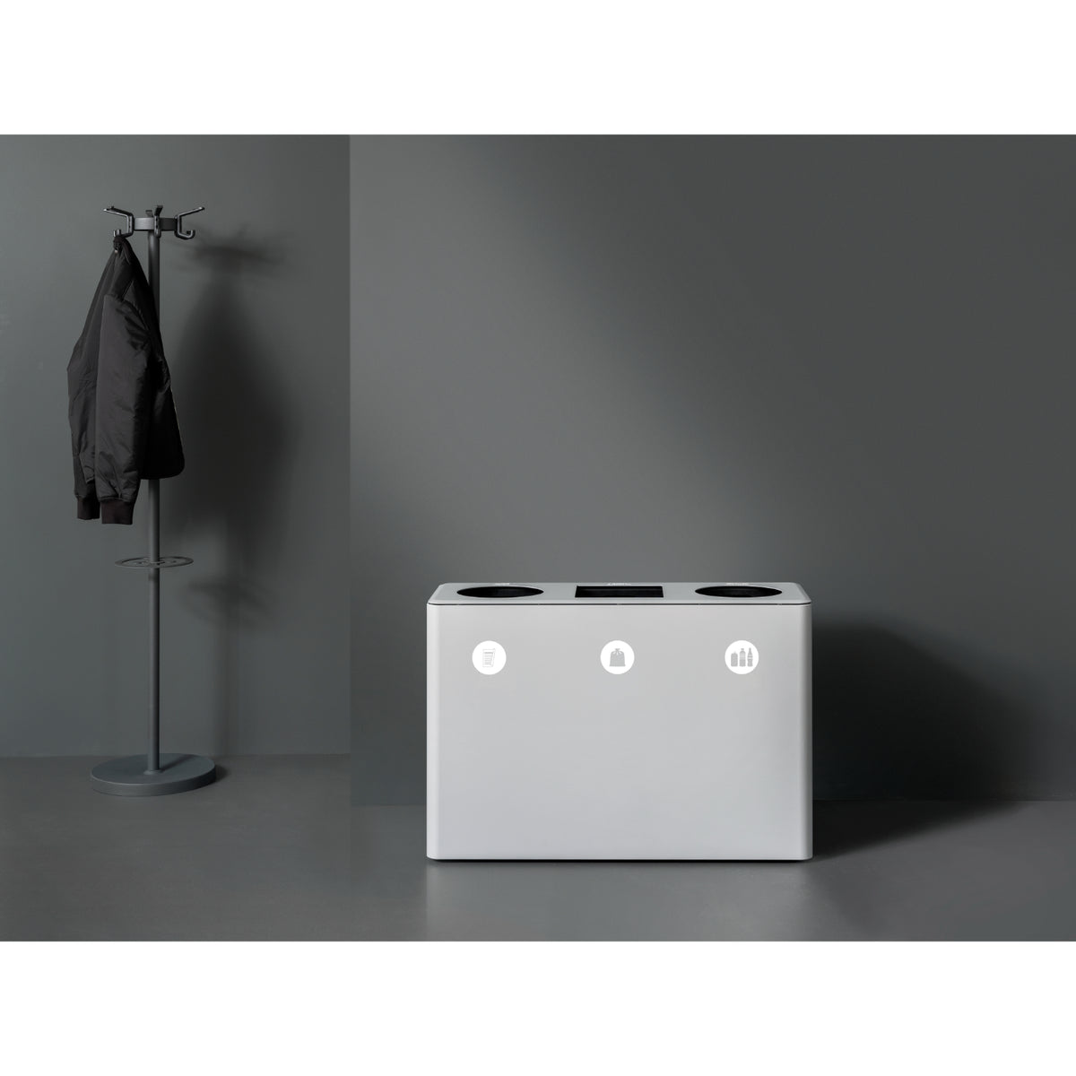 Dunk Indoor Triple Compartment Painted Steel Waste Receptacle, 37" W x 13-3/8" D x 25-5/8" H