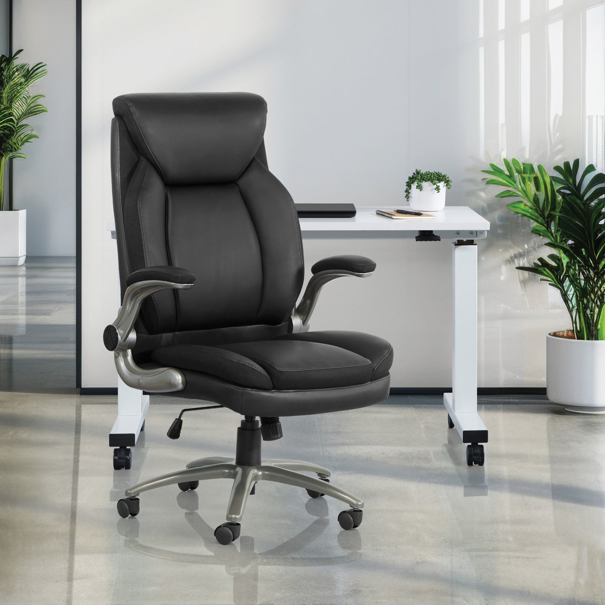 Big & Tall Executive Leather Chair with Padded Flip Arms and Titanium Base