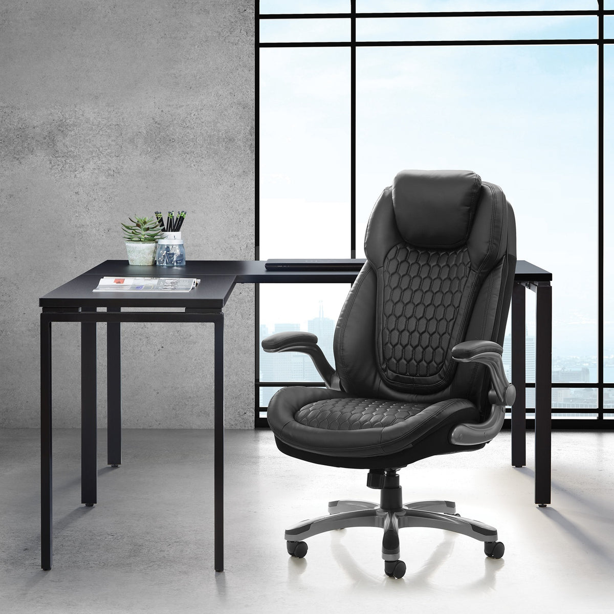 Leather Executive Chair with Padded Flip Arms and Titanium Base