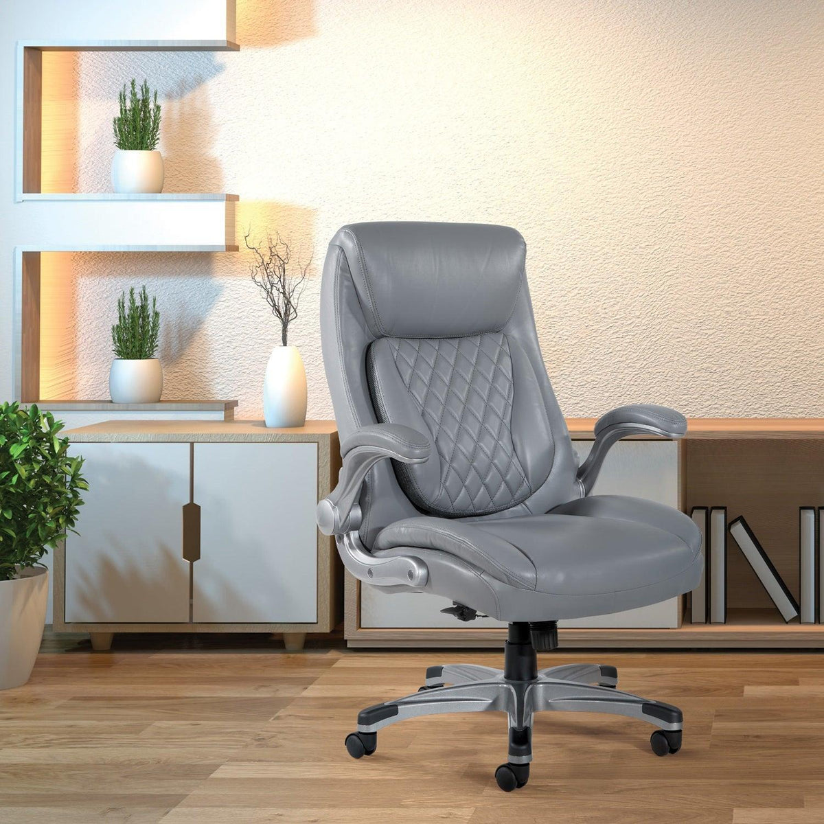 Leather Executive Chair with Padded Flip Arms and Nylon Coated Base