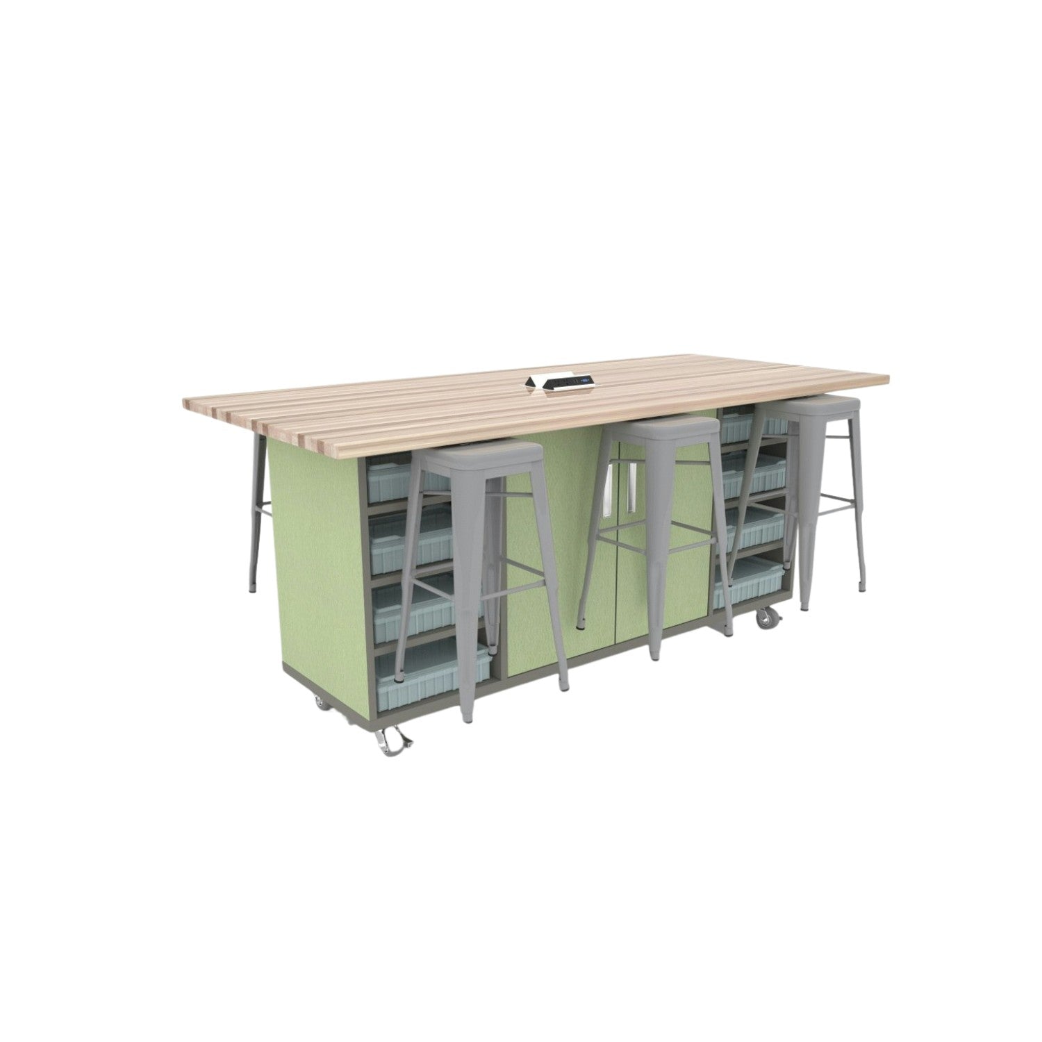 CEF Ed Double Storage Table with 6 Stools and Extra Storage, Maple Butcher Block Top, 42" H