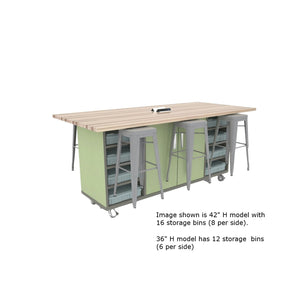 CEF Ed Double Storage Table with 6 Stools and Extra Storage, Maple Butcher Block Top, 36" H