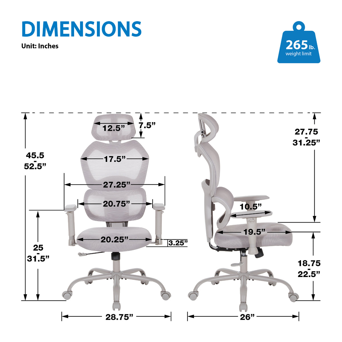High-Back Manager's Chair with Headrest, Grey Mesh Back with Grey Fabric Seat