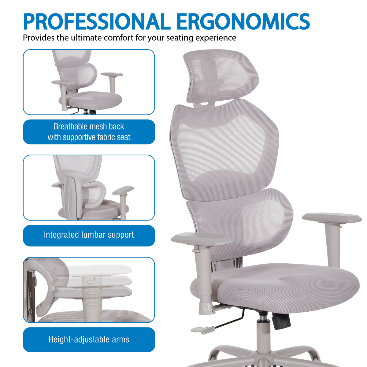 High-Back Manager's Chair with Headrest, Grey Mesh Back with Grey Fabric Seat