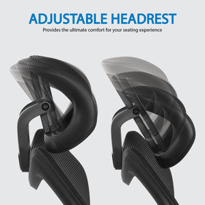 High-Back Manager's Chair with Headrest, Black Mesh Back with Black Fabric Seat