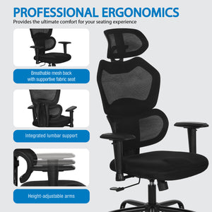 High-Back Manager's Chair with Headrest, Black Mesh Back with Black Fabric Seat