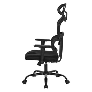 High-Back Manager's Chair with Headrest, Black Mesh Back with Black Fabric Seat