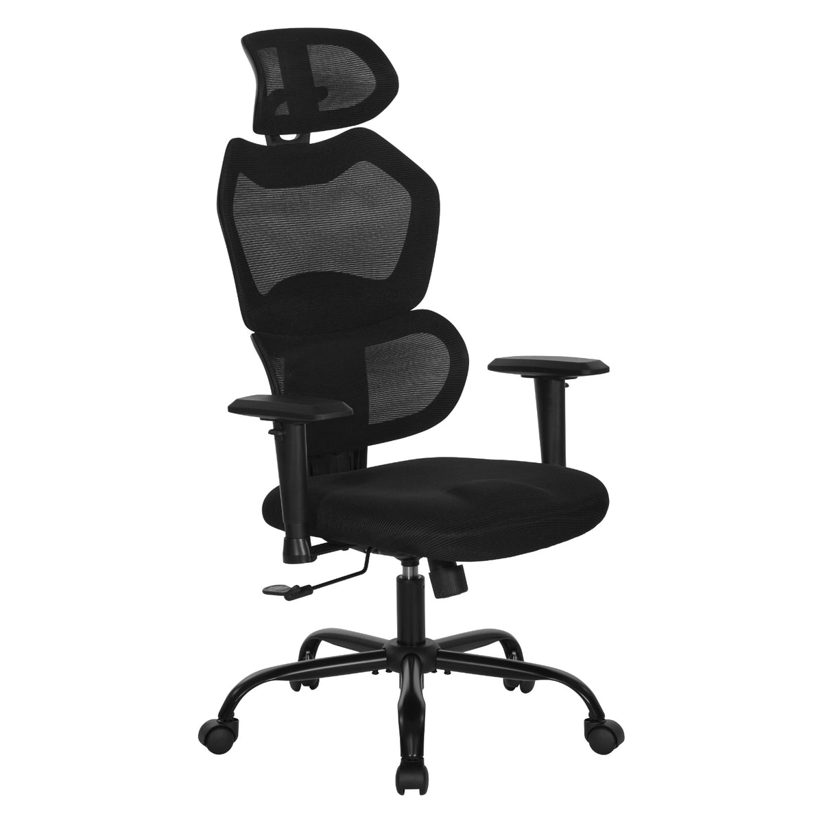 High-Back Manager's Chair with Headrest, Black Mesh Back with Black Fabric Seat