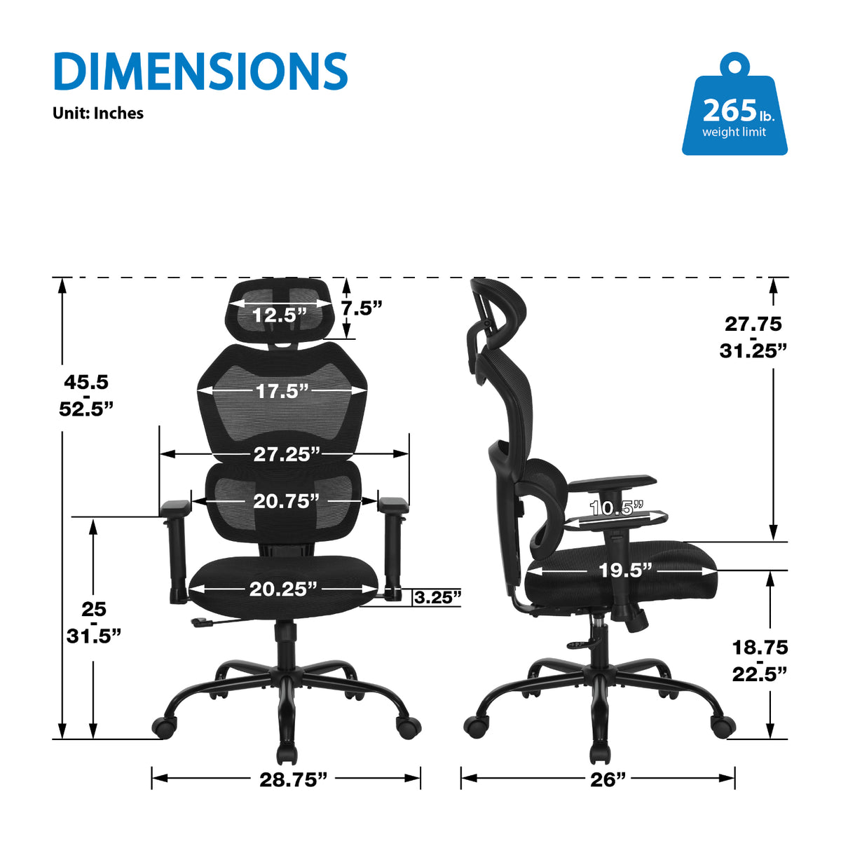 High-Back Manager's Chair with Headrest, Black Mesh Back with Black Fabric Seat