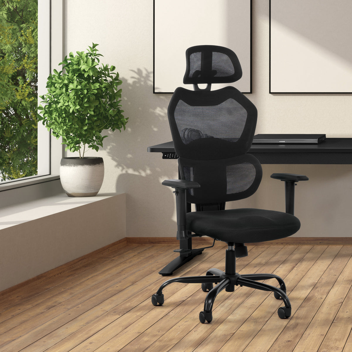 High-Back Manager's Chair with Headrest, Black Mesh Back with Black Fabric Seat