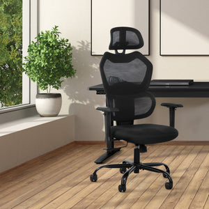 High-Back Manager's Chair with Headrest, Black Mesh Back with Black Fabric Seat