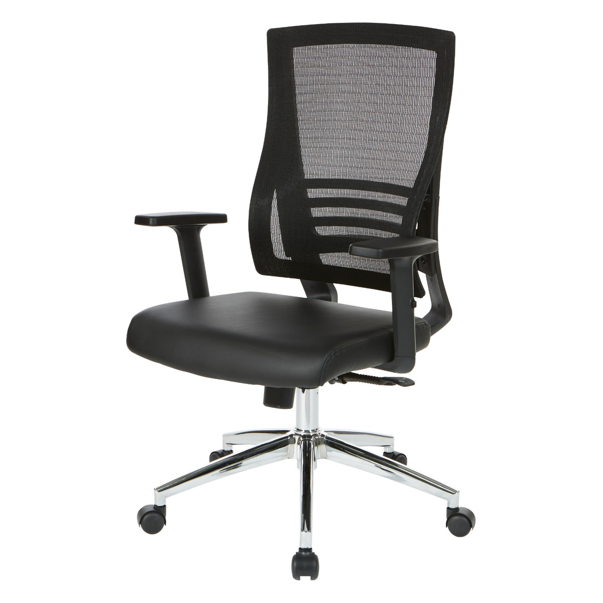 Black Breathable Mesh Back Manager's Chair with Bonded Leather Seat and Padded Adjustable Arms, 2-to-1 Synchro-Tilt Control, Chrome Base