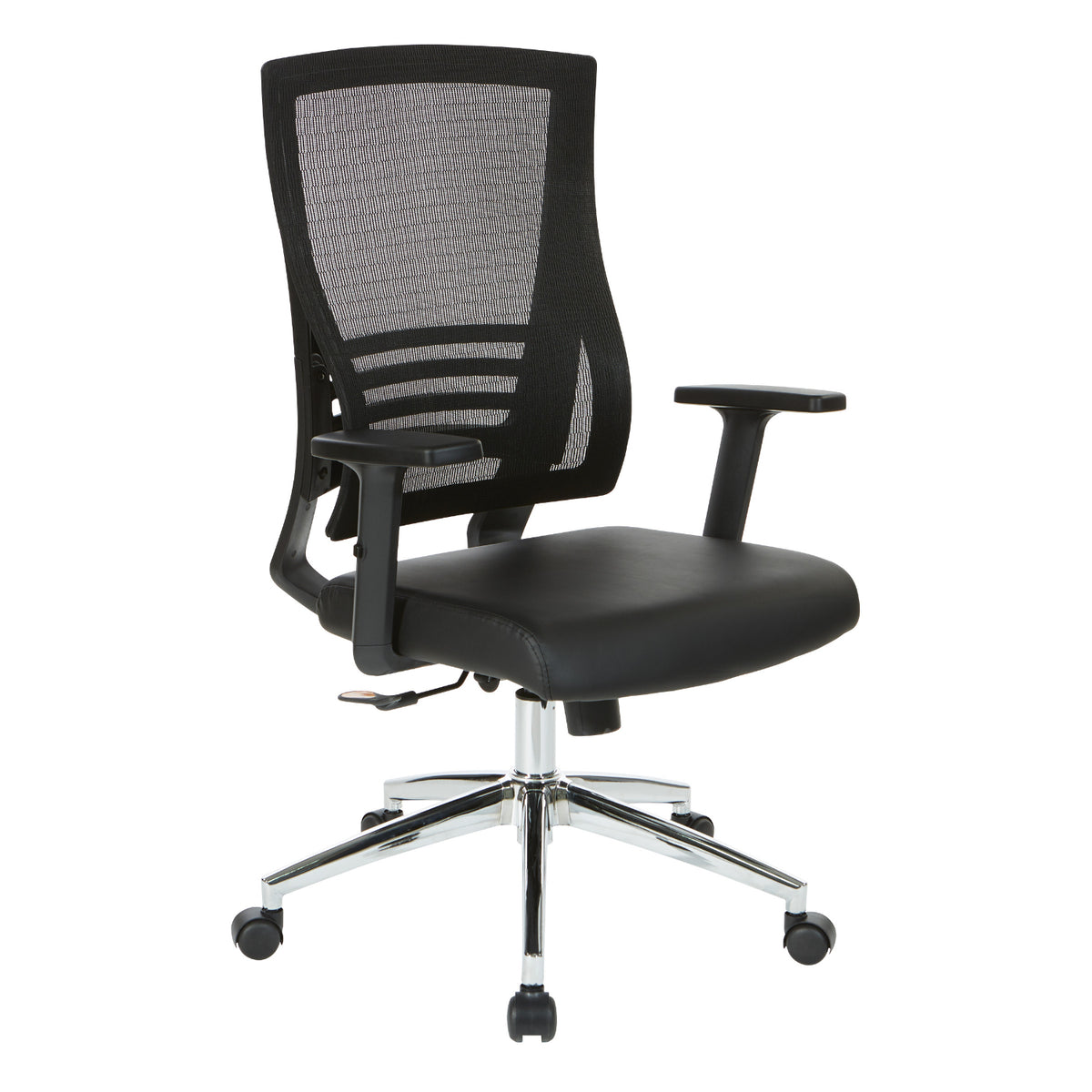 Black Breathable Mesh Back Manager's Chair with Bonded Leather Seat and Padded Adjustable Arms, 2-to-1 Synchro-Tilt Control, Chrome Base