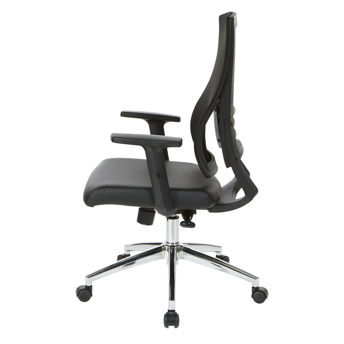 Black Breathable Mesh Back Manager's Chair with Bonded Leather Seat and Padded Adjustable Arms, 2-to-1 Synchro-Tilt Control, Chrome Base