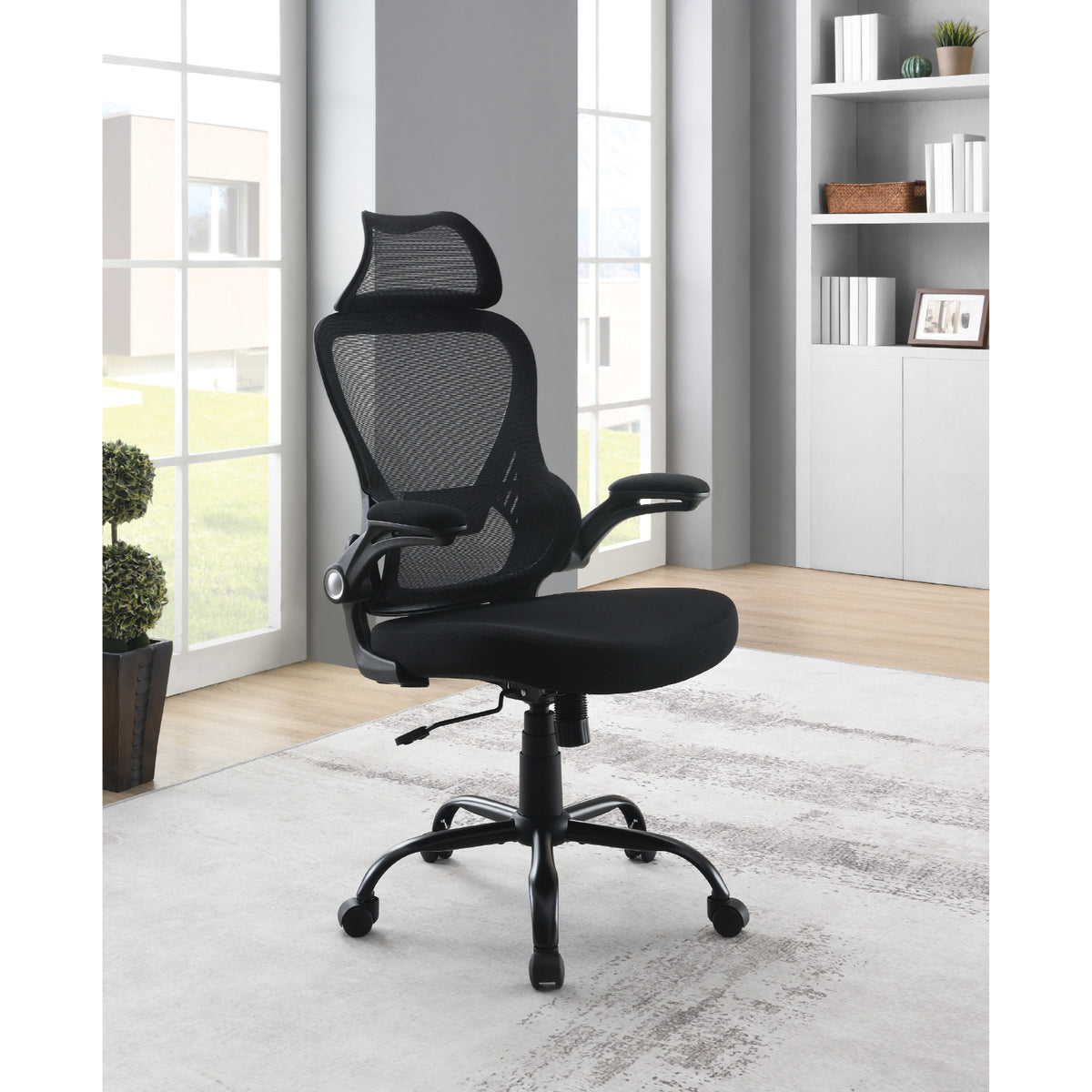 Mesh Back Manager’s Chair with Fixed Headrest, Black Fabric Seat