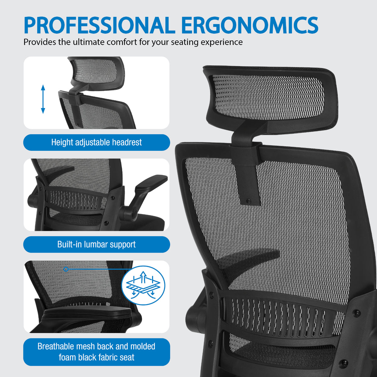 Breathable Mesh Back Manager's Chair with Molded Foam Black Fabric Seat and Adjustable headrest