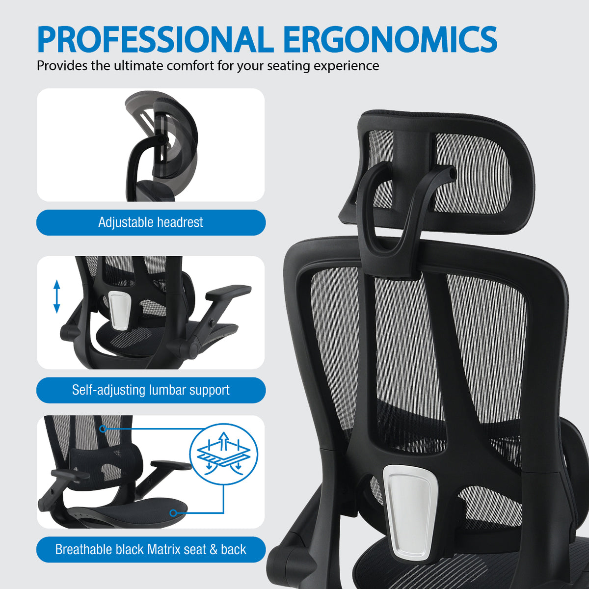 Black Matrix Seat and Back Manager's Chair with Adjustable Headrest and Adjustable 4D Flip Arms